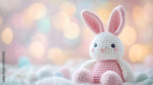 A pink and white stuffed rabbit is sitting on a bed