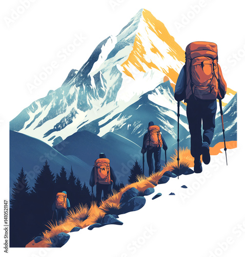 Hikers with backpacks trek up mountain path, surrounded by snow capped peaks and pine trees, capturing spirit of adventure and exploration