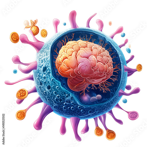 This is imaginative illustration of human cell with brain inside, symbolizing intelligence and complexity. vibrant colors and intricate details create sense of wonder and curiosity