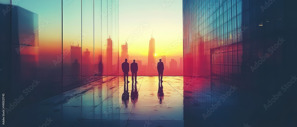 Fototapeta premium Professionals analyzing project in urban setting sunset view business meeting modern environment