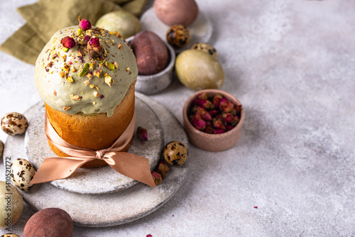 Traditional Easter cake kulich with pistachio photo