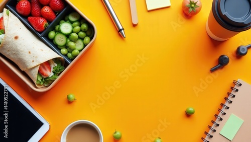 Healthy lunch on vibrant desk with wraps, fruits, and stationery items