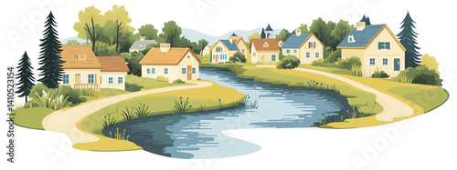 peaceful town with scenic river flows through charming houses surrounded by lush greenery and trees, creating serene and idyllic atmosphere