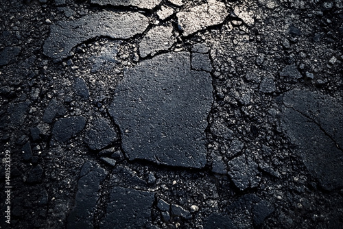 Dark, fractured asphalt, a stark testament to time's relentless erosion, showing deep cracks and shadows in a dramatic, textured surface.