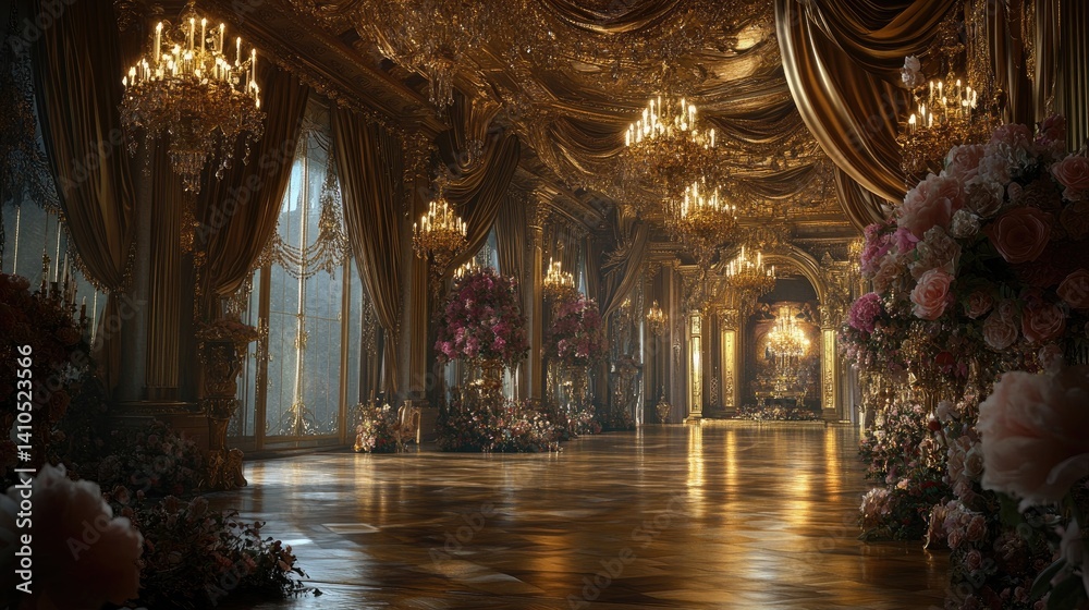 Fototapeta premium A grand ballroom dripping in gold, with intricate chandeliers, velvet curtains, and overflowing floral arrangements.