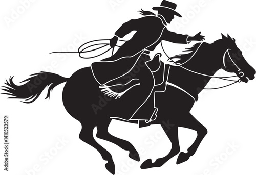 A vector silhouette of a wild west cowboy riding a running horse with swirling rope in hand