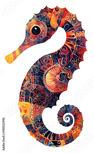 This vibrant illustration features seahorse adorned with intricate patterns and vivid colors, creating mesmerizing and artistic design. detailed motifs and swirling lines add sense of movement