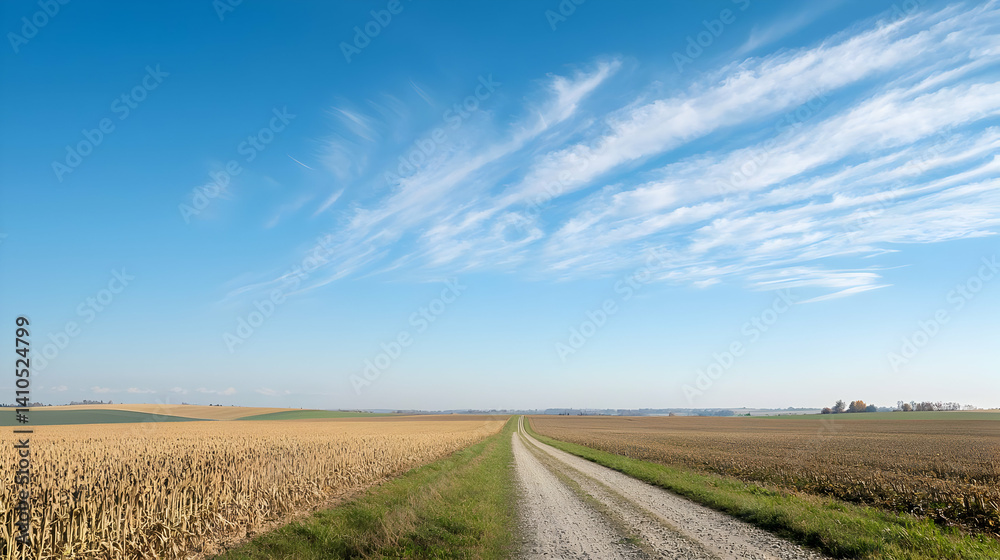 Naklejka premium Country Road Through Golden Cornfields Under Clear Blue Sky