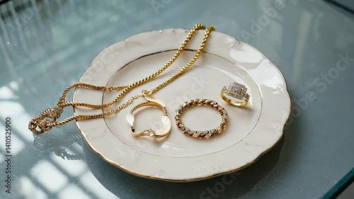 A collection of gold jewelry displayed on a decorative plate.