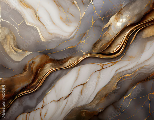 Obraz na płótnie Sophisticated abstract design showcasing golden marbling elegance with flowing ink waves and accents. Ideal for modern art and premium background applications. w salonie