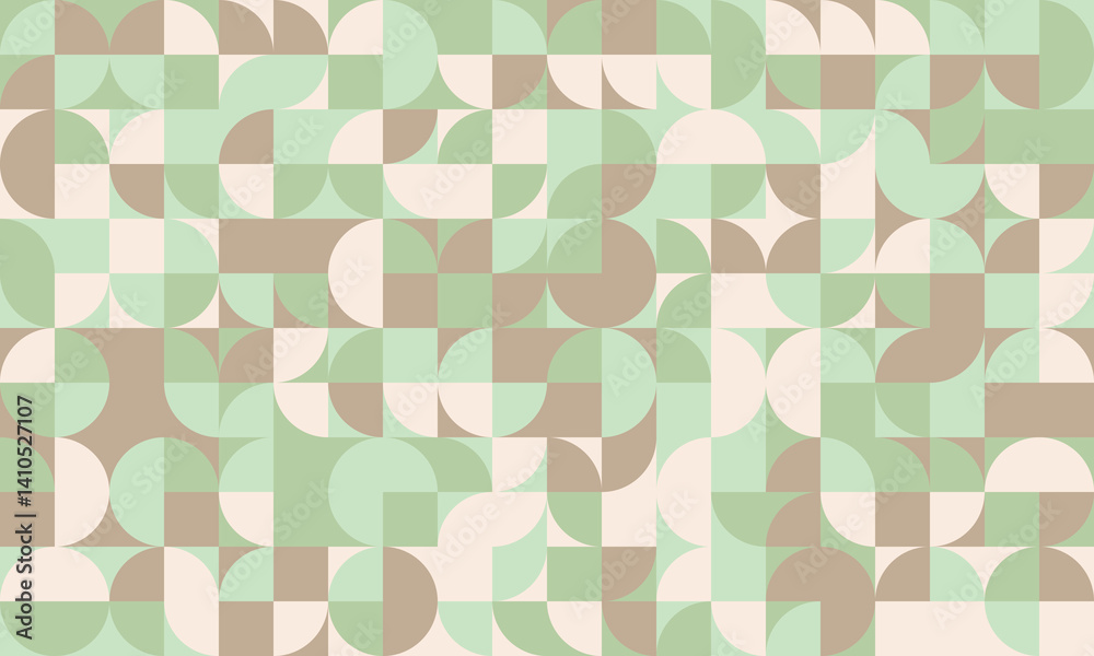 Abstract geometric pattern featuring pastel green, beige, and brown semicircles and squares. Ideal for backgrounds, textiles, branding, and website design. Abstract geometric pattern featuring pastel green, beige, and brown semicircles and squares. Ideal for backgrounds, textiles, branding, and website design.