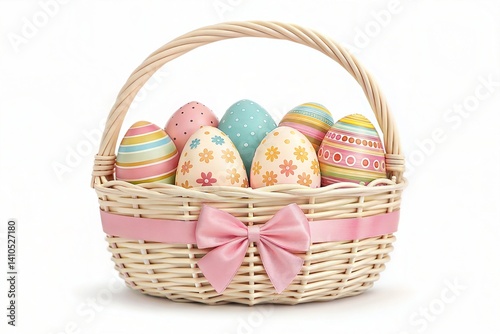 Decorated Easter basket with pastel floral eggs and pink ribbon on white background, festive spring concept perfect for holiday greeting cards, banners, seasonal product packaging and design