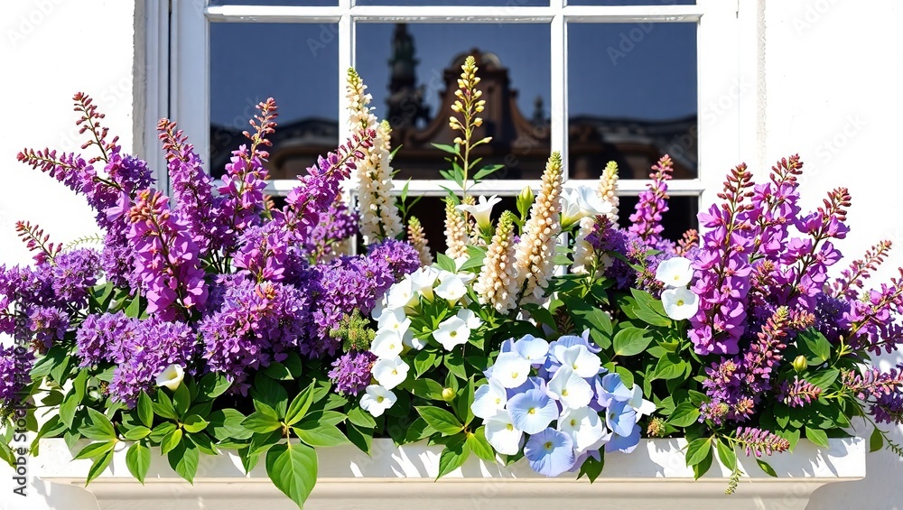 Fototapeta premium Colorful Buddleia, Phlomis, and Bottlebrush in a Window Box