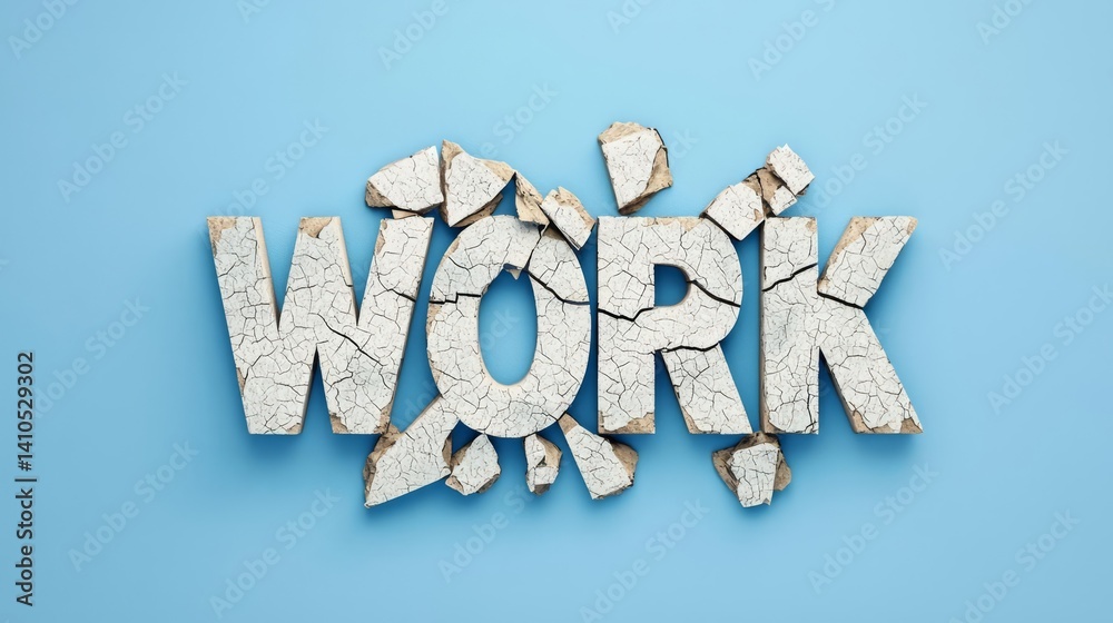Fototapeta premium Cracked word 'work' on blue background.