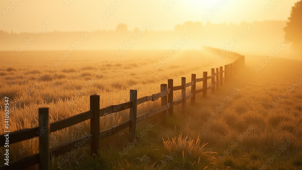 Obraz premium Wooden Fence in Field at Sunrise