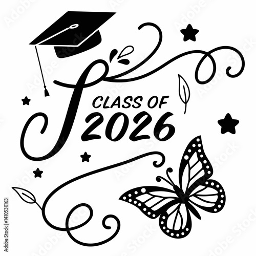 Class Of 2026 Graduation Design With Butterfly And Graduation Cap Illustration