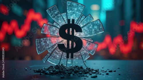 Dollar sign breaking through glass in financial market setting with red graph curve