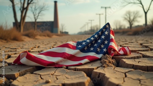 American flag on cracked earth in industrial landscape depicting environmental concern