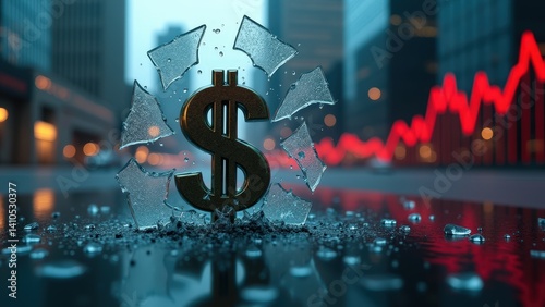 Shattered glass with dollar sign and rising graph in financial district