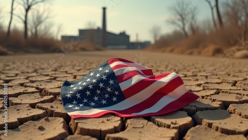 American flag on drought-cracked ground in industrial landscape
