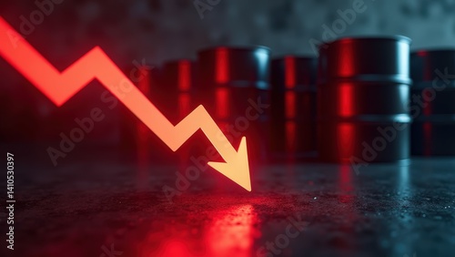 Falling red arrow indicating oil price decline with background barrels