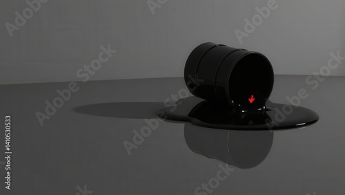 Black oil barrel on side spilling liquid with reflection on surface