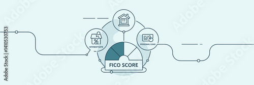 Line-style vector illustration of FICO score with financial icons like interest rate and mortgage – Great for lending, credit score tools, or finance-related content.