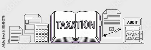 Clean outline vector illustration of ledger book with "TAXATION" text – Ideal for financial planning, tax education, or professional finance content.