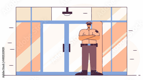 Security guard standing confidently at the entrance of a building