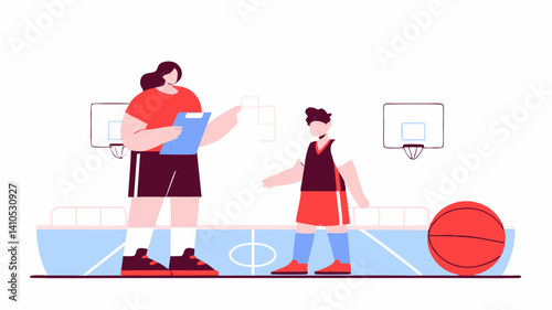 Coach giving instructions to a young basketball player on the court
