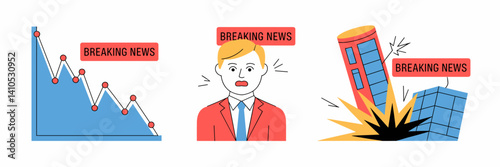 Flat design icons of financial news crisis with sharp stock market decline and shocked person – Perfect for financial crisis coverage and economic analysis.