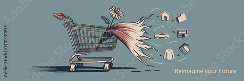 Conceptual advertisement depicting a drop in consumer confidence with a wilting flower and deflated shopping cart – Perfect for economic analysis or marketing about consumer behavior.