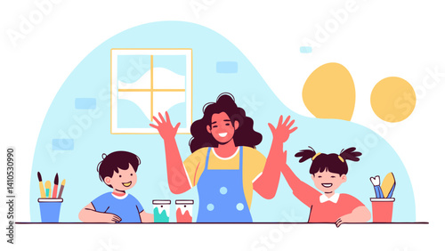 Cheerful teacher engaging with children during an arts and crafts activity