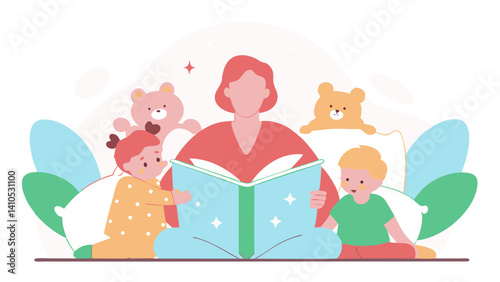 Educator reading a book with joy to her children and stuffed animals