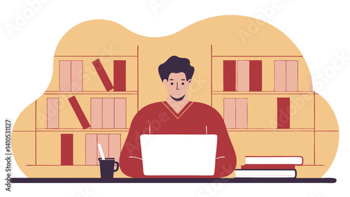 Young man working on a laptop in a cozy library environment with bookshelves