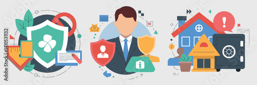 Vector illustration of insurance and financial protection icons in a circular layout – Ideal for insurance company websites, protection services, or financial advice content.