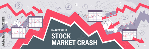 Stock market crash icon set featuring downward-sloping charts and distressed financial graphs – Great for stock market downturn reports, investment analysis, or financial crisis content.