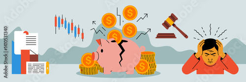 Editable set of flat icons depicting financial crisis – Suitable for crisis management, personal finance education, or debt recovery content.