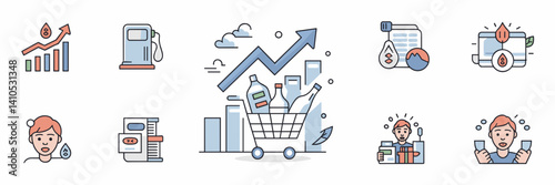 Set of modern line icons illustrating inflation and cost of living crisis – Ideal for financial education, economic analysis, or budgeting content.
