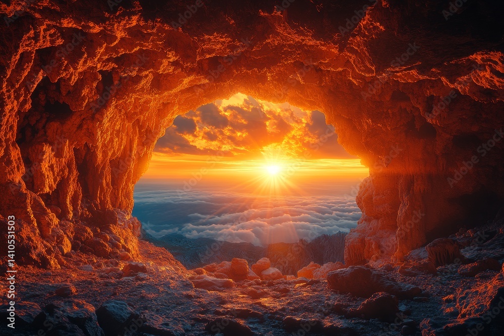 Fototapeta premium Sunrise illuminating cave entrance mountainous landscape nature photography majestic viewpoint concept