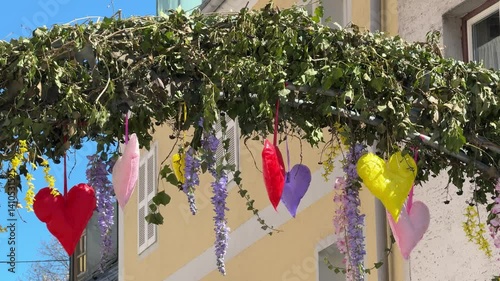 decorative hearts hanging on tree in Austrian city Gmunden