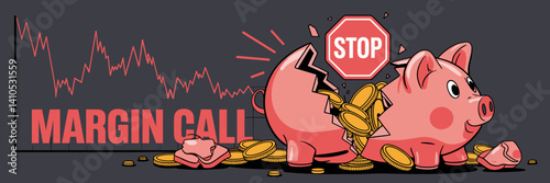 Shattered piggy bank overflowing with coins and "MARGIN CALL" icon – Suitable for finance articles, investment loss discussions, or economic downturn content.