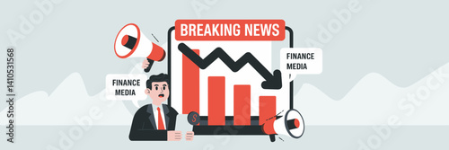 Vector icons representing a financial news crisis with a falling graph, "BREAKING NEWS" banner, and concerned businessman – Great for economic or stock market-related content.