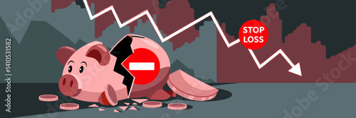 Financial loss vector with broken piggy bank and "STOP LOSS" symbol – Great for investment failure discussions, financial downturn themes, or risk management content.