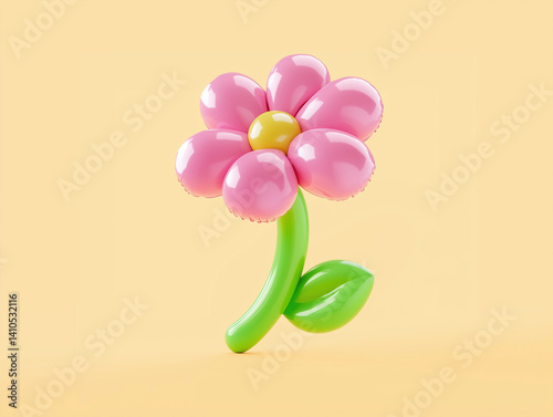 3D icon illustration of a pink balloon flower on a yellow background