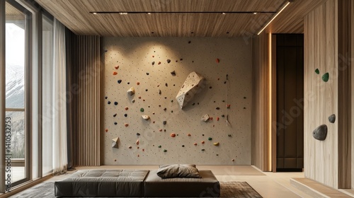 Minimalist indoor rock-climbing wall in spare room 