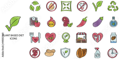 Plant Based Diet simple concept 24 hand drawn color icons set. Contains such plant, based, diet, vegan, food .Vector illustration.