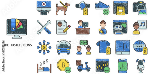 Side Hustles simple concept 24 hand drawn color icons set. Contains such analyst, broadcaster, bundle, business .Vector illustration.
