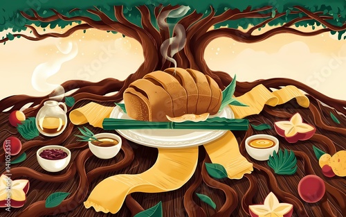 Artistic Feast Under a Tree of Life,
Bread, Tea, and Fruits in Nature's Embrace,
Warm, Wholesome, and Magical Gathering, isolated vector art illustration background.