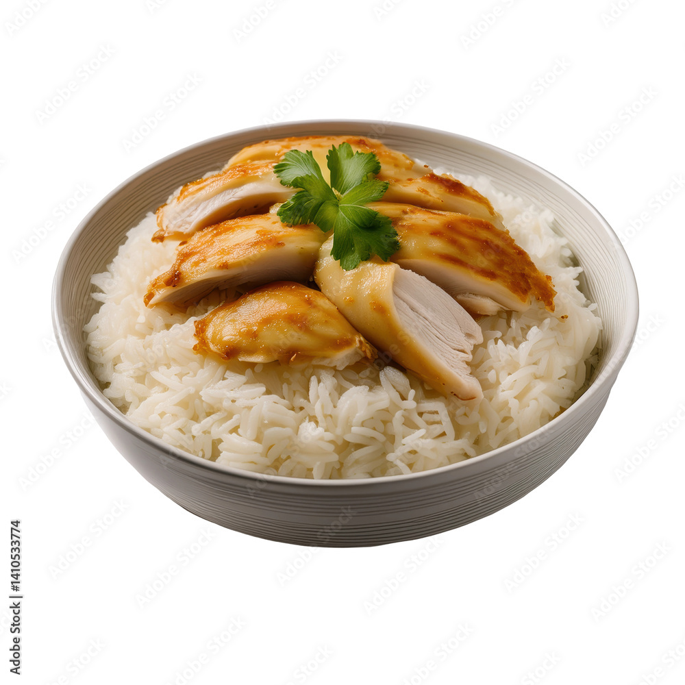 Tender Grilled Chicken Breast Served on a Bed of Fluffy Rice with Fresh Herbs on transparent background Tender Grilled Chicken Breast Served on a Bed of Fluffy Rice with Fresh Herbs on transparent background